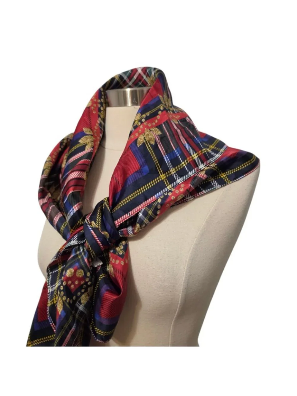 Talbots 100% Silk Square Scarf Plaid Tartan Chain NWT Red Blue Gold Equestrian